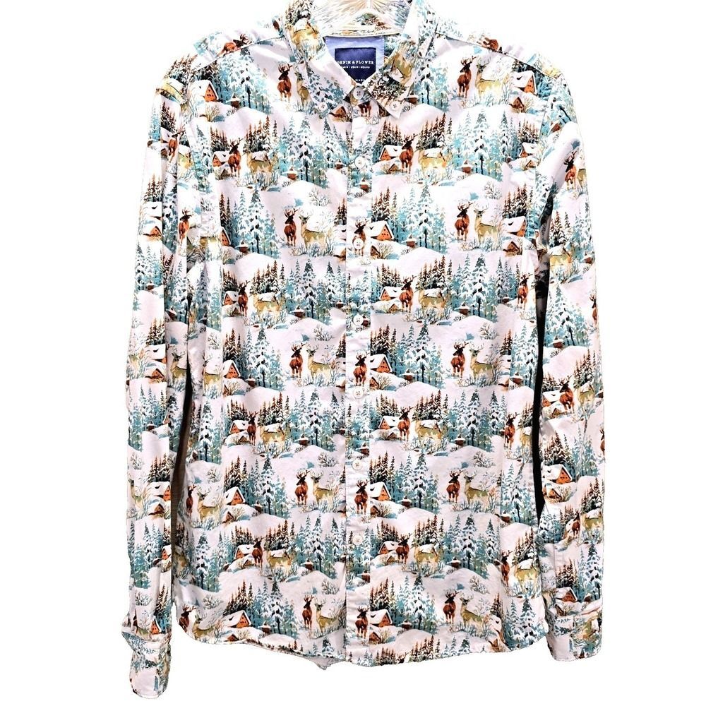 Denim & Flower Ricky Singh Mens M Christmas Deer Cabin Snow Holiday Button Down